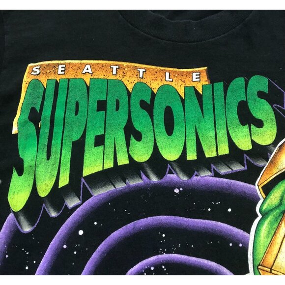 Vintage Vtg 90s NBA Seattle Supersonics Super Hero Mens Medium Black T Shirt - Picture 2 of 10
